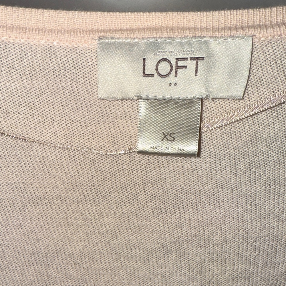 LOFT Light Baby Pink Ruffle Cardigan w White trim Size XS 100% cotton 3/4 sleeve - Picture 4 of 6